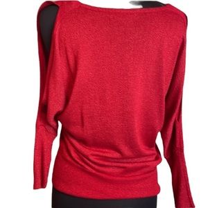Joseph A Shimmering Red Cold Shoulder Metallic Sparkling Sweater Size Medium